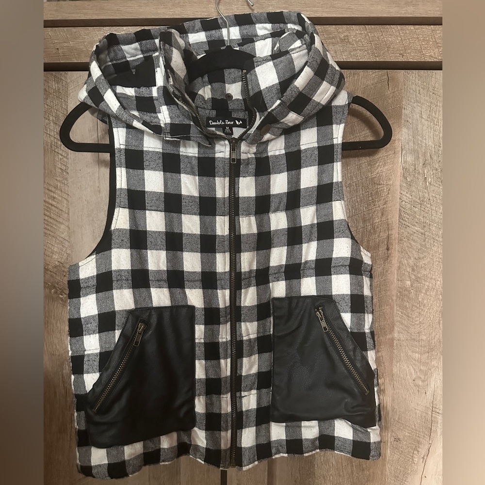 Buffalo check hooded vest with faux leather pockets